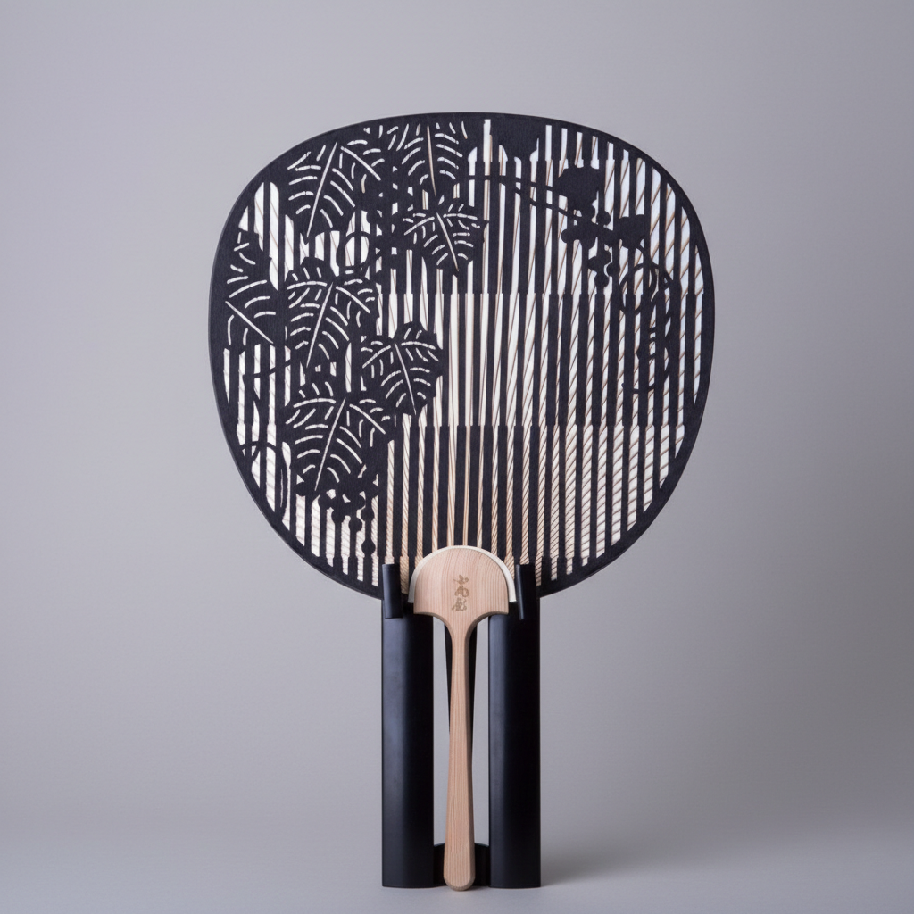 Cutting Art Round Fan | Check & Paulownia Tree