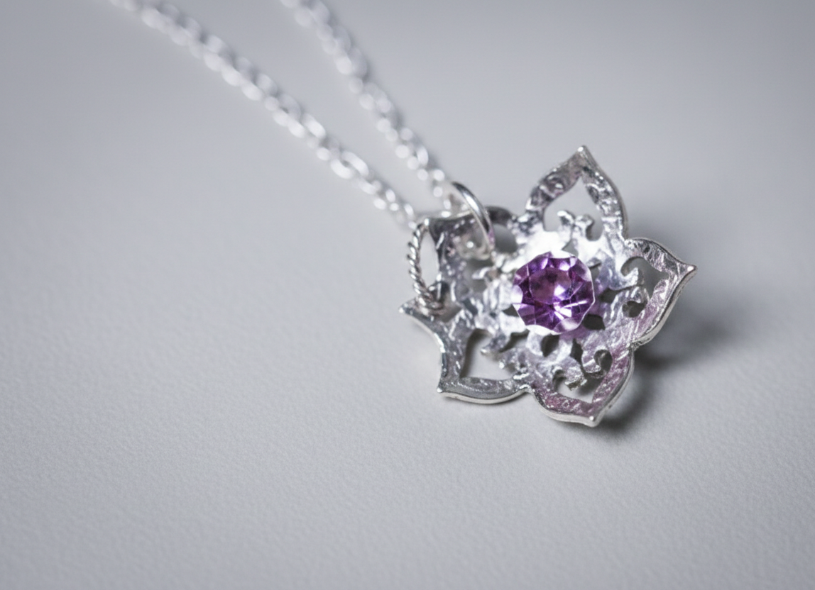 Silver Necklace | Purple Flower