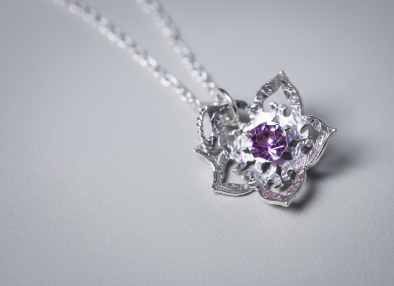Silver Necklace | Purple Flower
